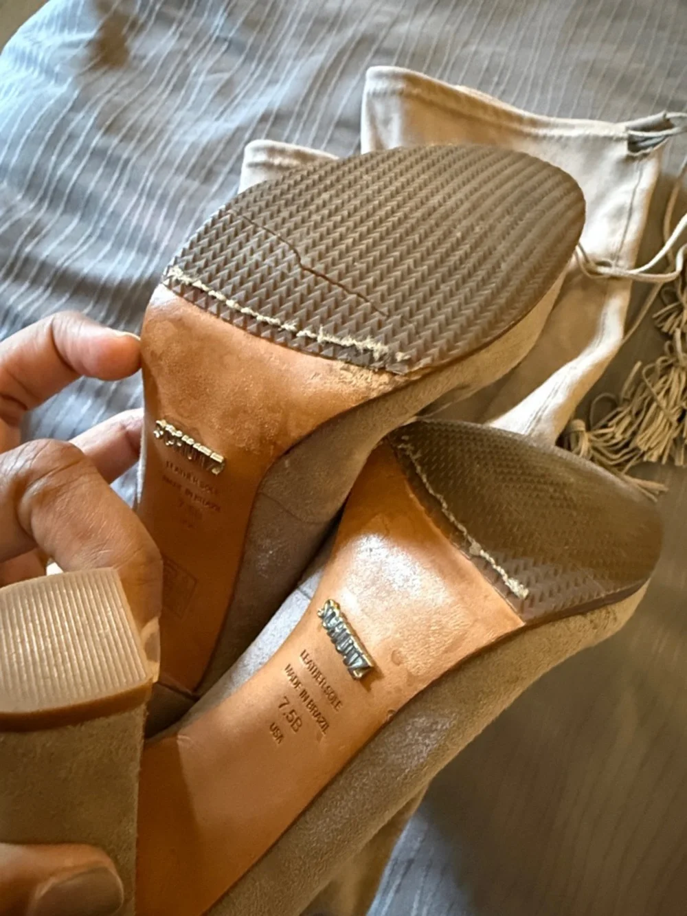 Shutz Over-the-Knee Suede Block Heel Boots in Taupe 7.5 B tassels